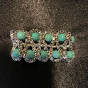 “Lindsey” Shiny Silver Beads Turquoise 8in Colored Cabochons Stretchy Bracelet